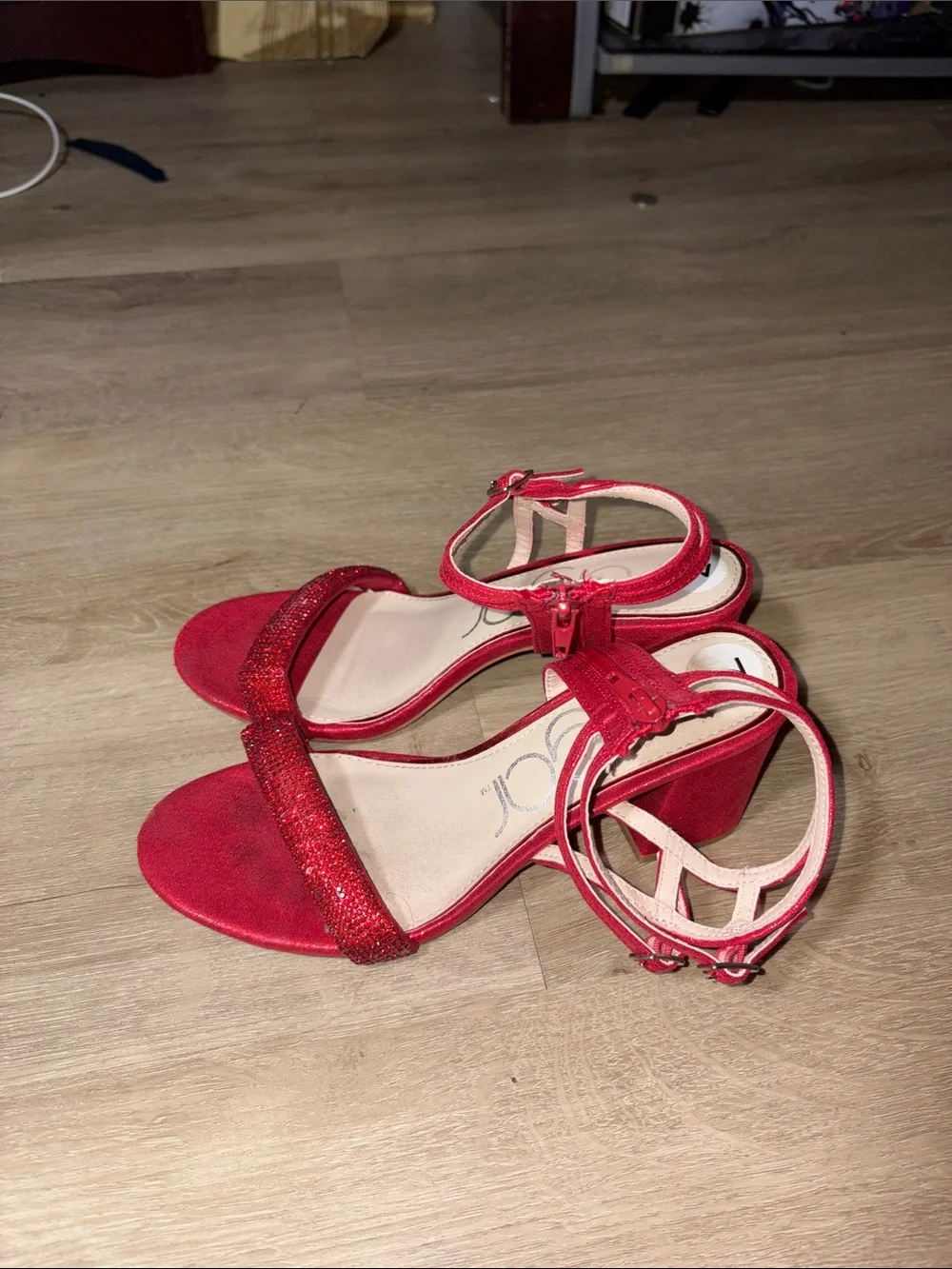 Red Women’s Ankle-Strap Sandals with Glitter Toe Band